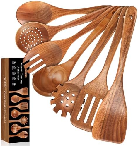 7 PCS Wooden Spoons for Cooking Natural Teak Kitchen Utensils Set by MULBOM