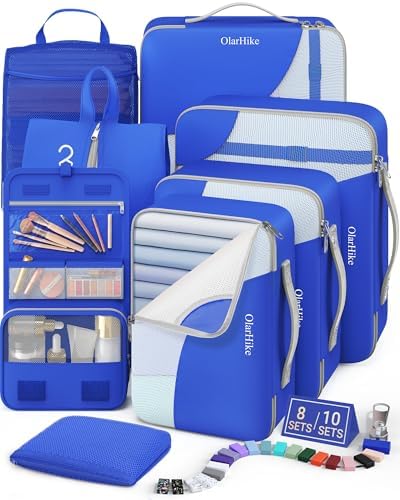 OlarHike Packing Cubes for Travel,Gifts for Women Mom,Anti-Tearing Suitcase Organizer for Luggage with Shoe & Hanging Toiletry Bag,Vacation Essentials & Accessories for Cruise Ship,8 Set,Blue by OlarHike