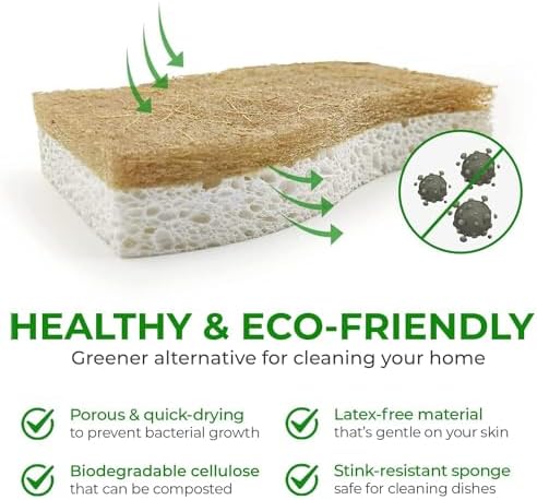 AIRNEX Natural Kitchen Sponges (24 Pack) - Biodegradable Cellulose & Coconut Scrubber Dish Sponges for Kitchen - Eco-Friendly, Non Scratch, Compostable, Non Toxic S-Shaped Natural Sponges for Dishes - Image 4
