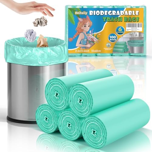 6 Gallon Trash Bags Compostable Green - Heihaily Medium Garbage Bags Strong Thick Bulk 100 Count Biodegradable Unscented for Home and Kitchen Office Liners Waste Basket Can by heihaily