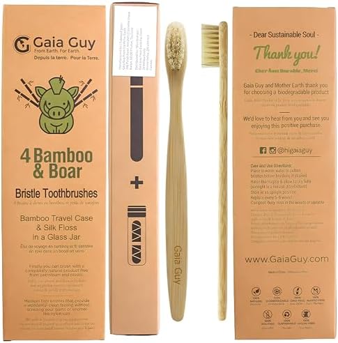 Gaia Guy Bamboo and Boar Bristle Toothbrush (4 Pack) + Travel Case & Silk Dental Floss | 100% Compostable Bristles and Floss | Eco-Friendly Dental Set | Biodegradable & Compostable Wooden Toothbrushes - Image 5