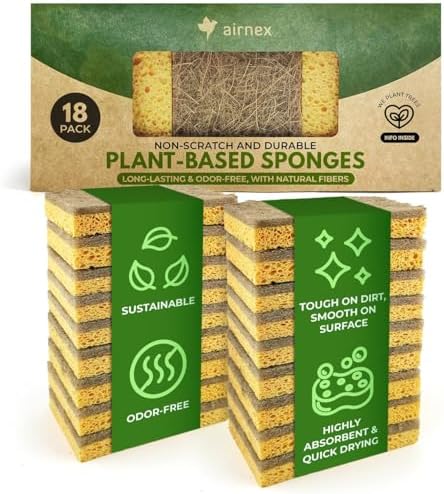 AIRNEX Natural Kitchen Sponges Pack of 18 - Biodegradable Cellulose and Coconut Husk Walnut Scrubbers - Odor Free Non Scratch - Eco Friendly Quick Drying Dishwashing Sponges by Airnex