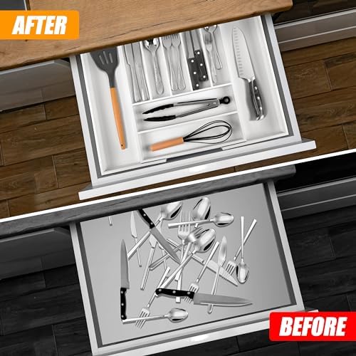 Bellsal Large Premium Bamboo Silverware Organizer - Expandable Utensil Drawer Organizer - 17"x19.6" Utensil Holder and Cutlery Tray with Grooved for Kitchen Flatware and Utensils(7-9 Slot, White) - Image 3