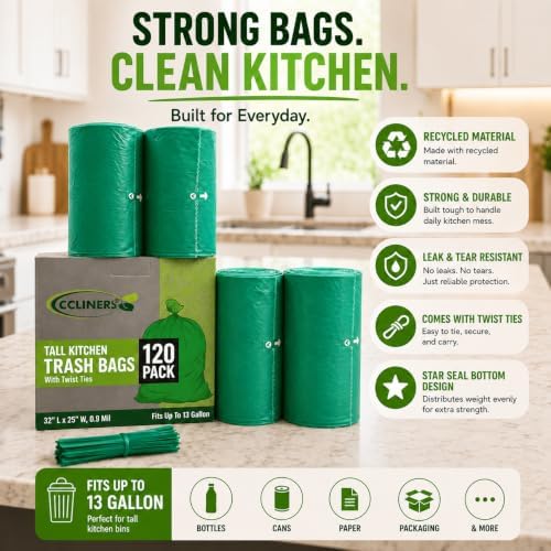 Tall Kitchen Trash Bags 13 Gallon (120 Bags) Medium Green Garbage Bag 55 Liter Can Liners Portable Camping Toilet Bags (120 count) - Image 4