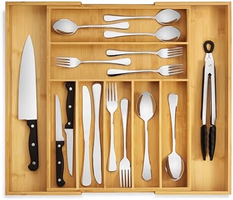 Purawood Bamboo Drawer Organizer - Expandable Silverware Organizer & Utensil Drawer Organizer, Cutlery Tray with Dividers, 7-9 Slots- Kitchen Organizer for Utensils & Flatware (Natural) by PURAWOOD