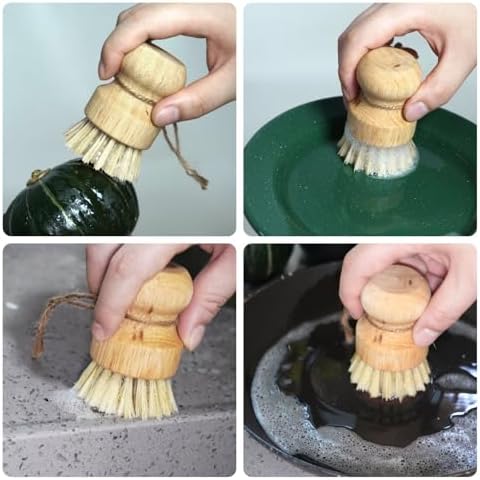 Bamboo Pot & Pan Cleaning Brush Set - 3 Pack Natural Dish Brushes Bamboo Scrub Dish Brushes, Durable Scrubber for Kitchen Pots, Pans, Vegetables & Fruit - Image 4