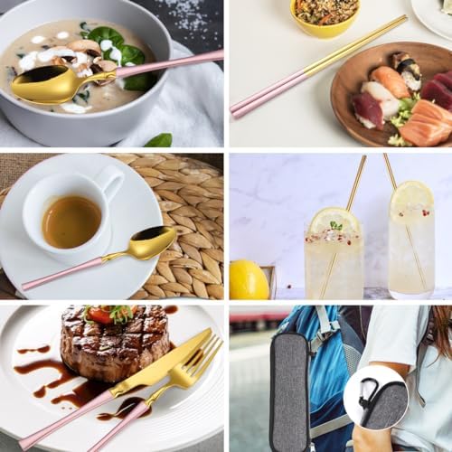 AARAINBOW 7 Pieces Stainless Steel Flatware Set Portable Reusable Cutlery Set Travel Utensils Set Including Chopsticks Knife Fork Spoon Straws Cleaning Brush Dishwasher Safe (B-Pink Golden) - Image 3