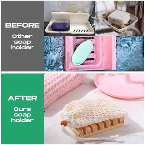 Mumufy 12 Pcs Wood Soap Dish and Exfoliating Bag Set 4.5 x 3.35 x 0.87 inches Self Draining Soap Saver Wood Tray for Bathroom Shower Travel(Wood Color,Wooden) - Image 6