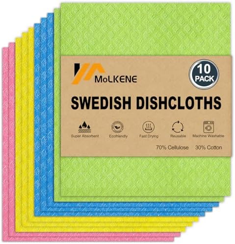 MoLKENE Swedish Dishcloths for Kitchen, 10 Pack Cellulose Sponge Cloths by MoLKENE