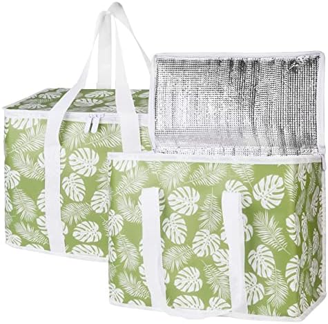 Bodaon 2-Pack Insulated Reusable Grocery Shopping Bags, X-Large Picnic Cooler Bag with Zipper Zippered Top Cold, Green-Leaf by Bodaon