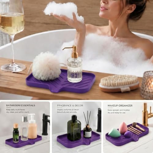 MicoYang Silicone Soap Dish with Drain Spout — Self-Draining Sink Organizer Tray for Bathroom & Kitchen, Sponges, Dispensers & Soap Holder, Non-Slip & Dishwasher Safe, Purple (Medium, 9.6"×5.3") - Image 3