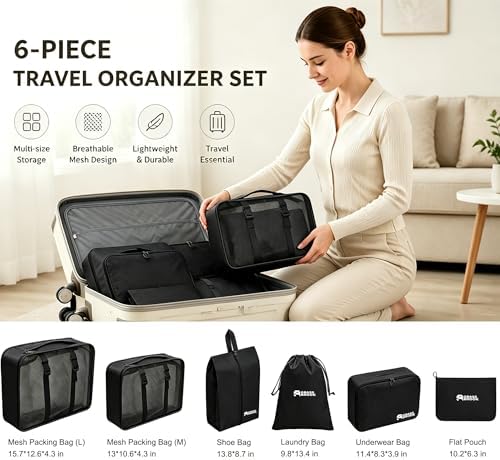 6 Set Packing Cubes, Luggage Packing Organizers for Travel Accessories, Carry on Suitcase Organizer Bags, Travel Essentials Luggage Accessories for Cruise Ship (Black) - Image 4