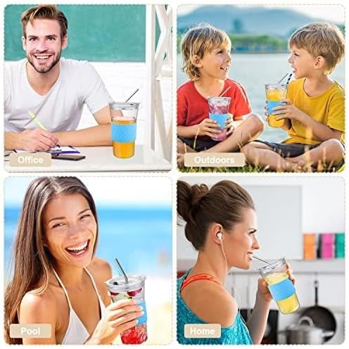 2 Pack 16 oz Iced Coffee Cups with Lids & Straw, Reusable Glass Tumbler with Silicone Sleeve, Wide Mouth Can-Shaped Design for Juice, Smoothie, Water (Blue)