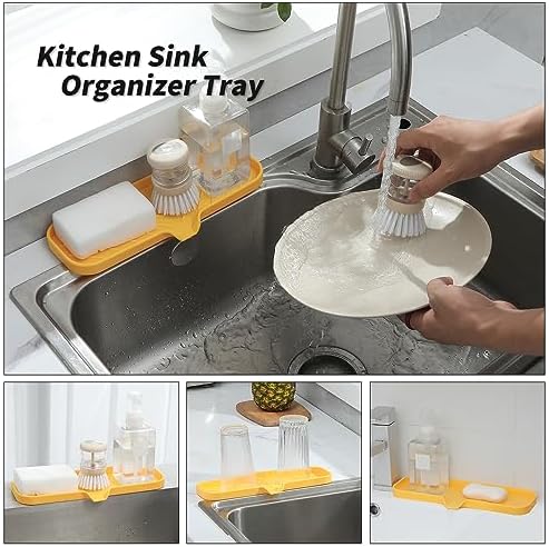 MicoYang Silicone Soap Dish with Drain Spout — Self-Draining Double Sink Organizer Tray for Kitchen & Bathroom, Dispensers, Sponges & Soap Holder, Non-Slip & Dishwasher Safe, Yellow (Large, 12"×4") - Image 5