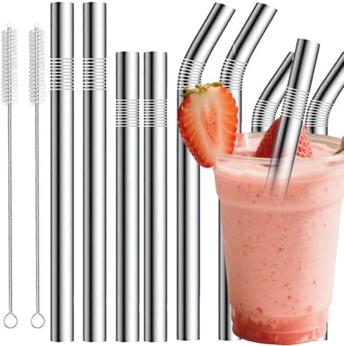 Stainless Steel Smoothie Straws, 0.4'' Extra Wide Reusable Metal Drinking Straws for Milkshake, Smoothie, Beverage, Set of 8 with 2 Cleaning Brush by FMUMIA
