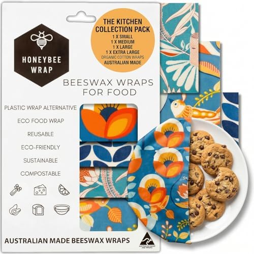 Beeswax Wraps for Food - The Kitchen Collection - Organic Cotton Beeswax Wrap - Reusable Beeswax Food Wrap - Plastic Wrap/Sandwich Bags Alternative - 4 Pack, S, M, L & XL by HONEYBEEWRAP