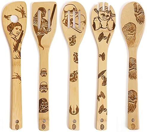 5 PCS Star War Burned Wooden Spoons Cooking Organic Spoons Turners Carved Spatulas Non-Stick for Cookware Kitchen Gadgets - Premium Quality Gifts for Housewarming and Wedding by DaceStar
