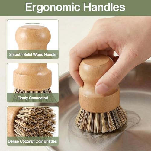 5 Pcs Bamboo Wood Dish Brush Set Includes 1 Wooden Handle with 3 Natural Replaceable Bristle Heads and 1 Handheld Bamboo Wok Brush Scrubber for Dishes Pans Pots Fruit and Veggie Washing(Style C) - Image 4