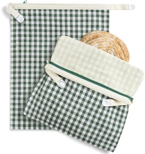BRONYPRO Reusable Beeswax and Linen Bread Bags with Zipper, 2-Pack Waxed Bread Bags for Homemade Bread & Sourdough, Sustainable Loaf Storage to Lock in Freshness, Large 17x12.6in, Green Gingham by Bronypro