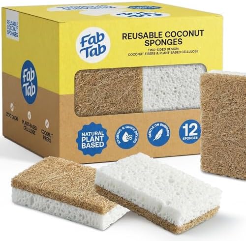 Fab Tab Coconut Cellulose Sponges - Non-Scratch Kitchen Cleaning, 12 Pack by FabTab