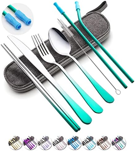 Travel Utensils Set with Case Reusable Portable Cutlery Set Stainless Steel 8pcs Including Dinner Knife Fork Spoon Chopsticks straws(Gradient Green) by OASMU