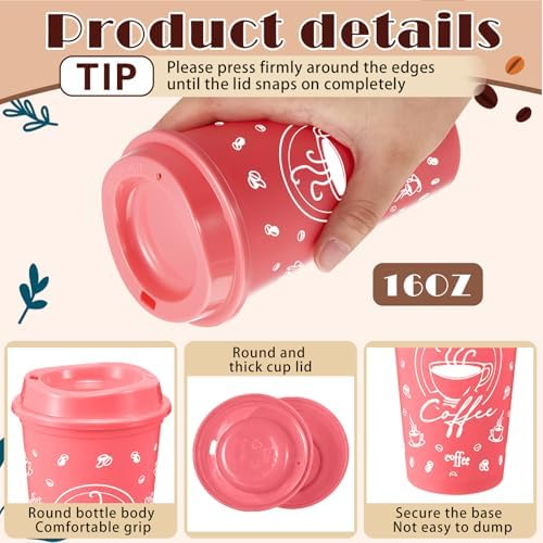 12 Sets Reusable Coffee Cups with Lids, 16oz, Pink Series - Image 3