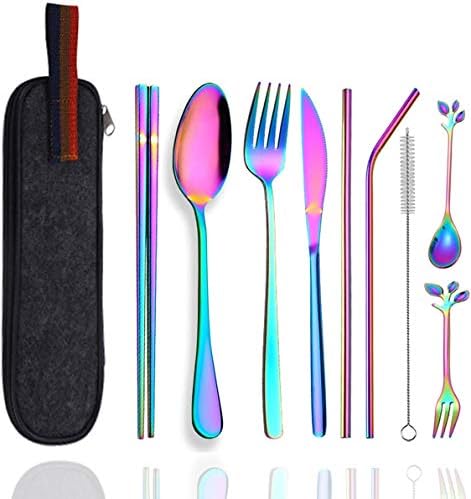 Travel Utensils Set with Case Reusable Stainless Steel Silverware Flatware Set 9 Pcs Portable Cutlery Eating Utensils Set for Lunch Boxes Workplace Camping School, Dishwasher Safe (Multi) by Busnos