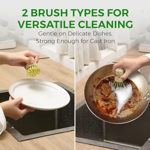 AIRNEX Bamboo Dish Brush Set of 3 - Natural Wooden Dish Scrubber w/Medium Stiff Sisal & Coconut Bristles - Kitchen Scrub Brush for Dishes, Pots & Pans - Plastic Free, Non Scratch Bristles - Image 4