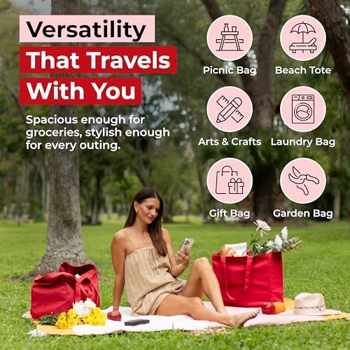 VeraMia Canvas Grocery Bag 3pc XL Set with Real Pockets, Long Shoulder Strap and Short Handle. Heavy Duty, Foldable, Washable - Image 5