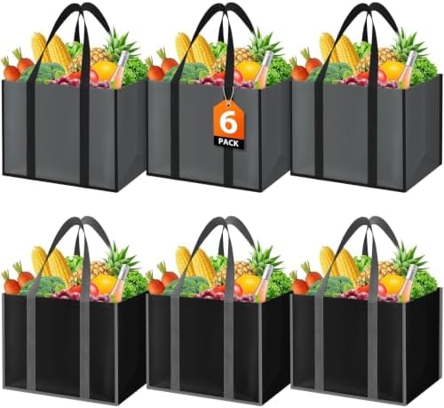 WISELIFE Reusable Grocery Bags with Handles, 35L, 6 Pack, Gray & Black by WiseLife