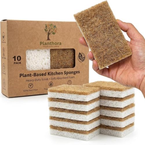 Kitchen Sponges 10 Pack - Natural Cellulose Sponge with Coconut Scrubber - Plant Based Sponges - Biodegradable Kitchen Sponge - Non-Scratch Sponges for Dishes - Eco Friendly Kitchen Sponges by Planthora