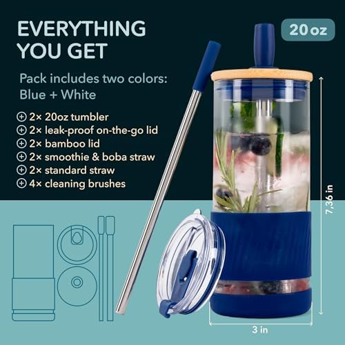 Pandaloo® Glass Cups With Lids and Straws -20 Fl Oz- Perfect Size Iced Coffee Cup - Smoothie Cup With Bamboo Lid and On the go Lid - Glass Tumbler (2 Count (Pack of 1), Galactic Blue-Coton White) - Image 2