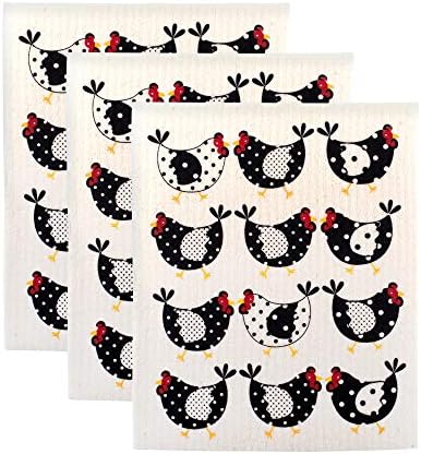 DII Swedish Dishcloths for Kitchen & Cleaning, Reusable, Machine Washable & Dishwasher Safe, Biodegradable, 7.75 x 6.75, Chickens, 3 Piece by DII