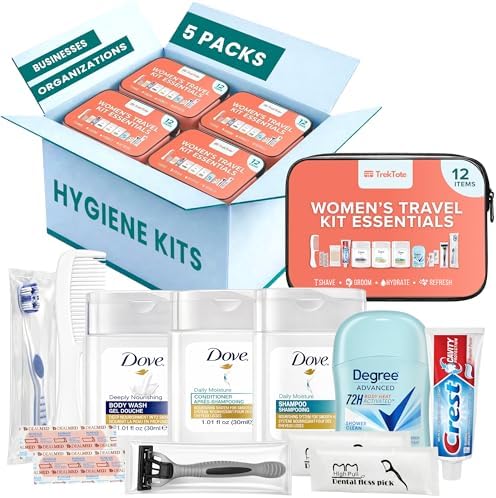 5 Pack Women’s Travel Hygiene Kits – 12-Piece Premium Brand-Name Toiletries by TrekTote