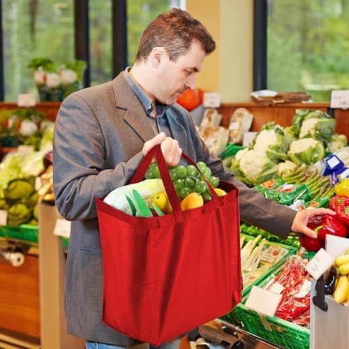 Zhehao 60 Pcs Reusable Grocery Bags Bulk Large Foldable Shopping Tote Bags Non Woven with Handle and Plastic Button(Red) - Image 2
