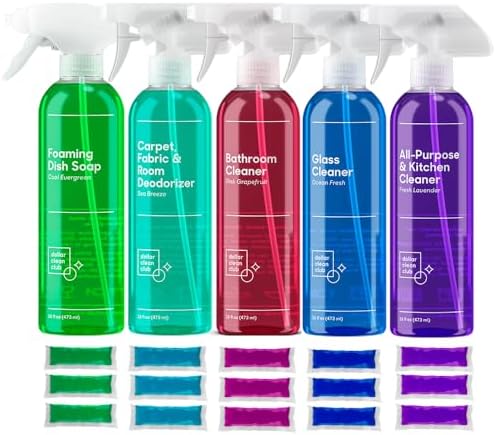 Complete Home Cleaning Kit - 15 Refill Pods and 5 Reusable Spray Bottles - Kitchen, Bath, Glass, Carpet and Foaming Dish Soap - Non-Toxic Eco-Friendly Cleaning Supplies Starter Set for Apartment by DollarCleanClub