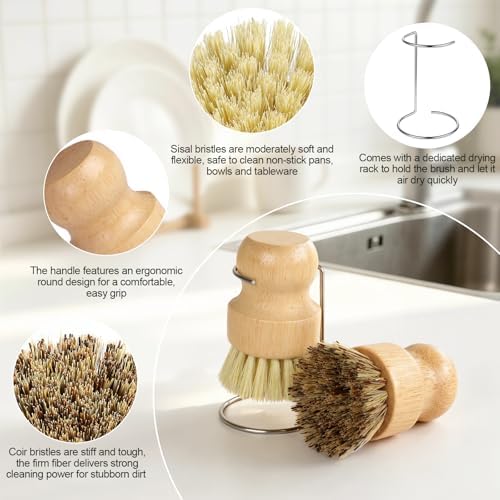 Bamboo Dish Brush Set with Holder, 2 Sisal & 1 Palm Scrub Brush - Image 5