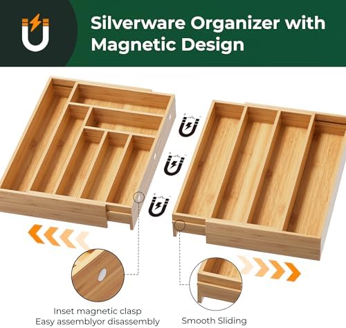 Large Silverware Organizer, 11 Slots Magnetic Connected Expandable Acacia Wood Utensil Drawer Organizer From 21 to 37.4 Inches, Adjustable Flatware and Cutlery Holder, Utensil Tray for Kitchen - Image 3