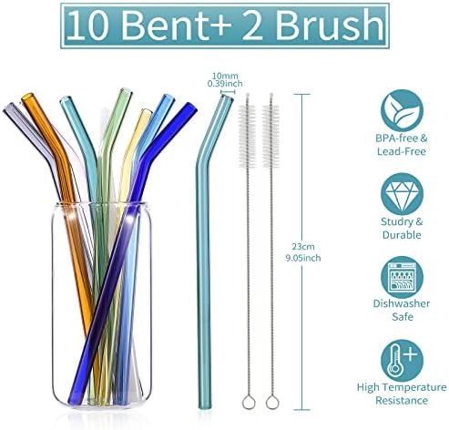 10 Pcs Reusable Bent Glass Drinking Straws,9''x10 mm Colorful Glass Straws - Image 2