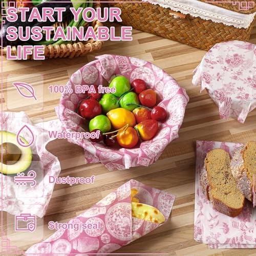 Tigeen 9 Pack Reusable Beeswax Wrap for Food Chinoiserie Beeswax Paper for Sourdough Bread Cheese Paper Wrapping Wax Cloth Food Wraps Bread Sandwich Wrapper 1 XL 3 Medium 5 S(Pink,Chinoiserie) - Image 3