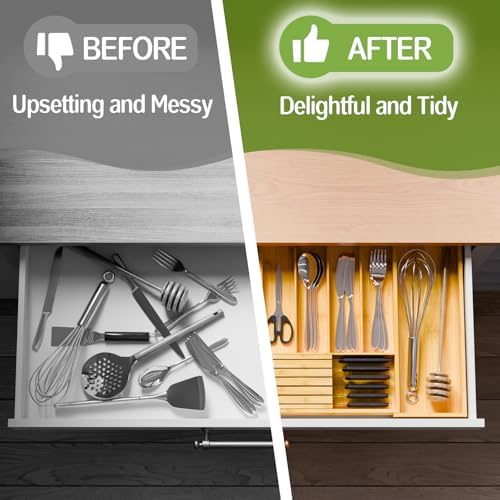 Bamboo Kitchen Silverware Drawer Organizer - Expandable Wood Utensil Holder with Dividers, Luxury Cutlery Storage Tray for Kitchen Utensil and Flatware (5-7 Slots with Removable Knife Block, Natural) - Image 3