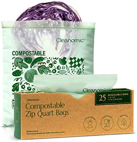 Cleanomic Compostable* Quart Size Food Storage Bags (25 Eco Zip) Freezer and Leak Proof, Also Available Gallon, Snack and Sandwich Size Bags by Cleanomic