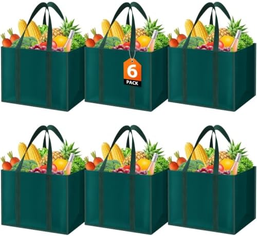 WISELIFE Reusable Grocery Bags, Foldable, Lasting Use, 35L, 6 Pack, Green by WiseLife