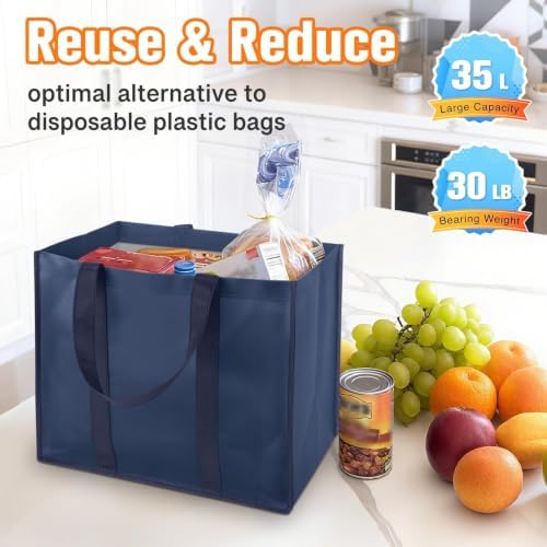 WISELIFE Reusable Grocery Bags, Foldable, Lasting Use, 35L, 3 Pack, Blue - Image 4