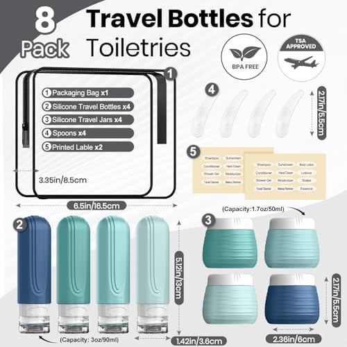 Travel Bottles for Toiletries 8 Pack, TSA Approved Travel Size Toiletries Containers Set, 4 Silicone Leak Proof Refillable Bottles and 4 Creams Jars Accessories Kit W/Clear Bag (GREEN) - Image 3