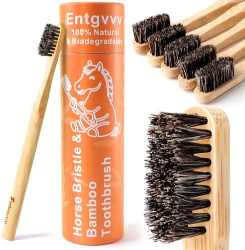 Horse Bristle Toothbrush, Plastic Free Bamboo Toothbrushes, 6 Pack Natural Wooden Toothbrush, Non Toxic & Non Plastic, Wood Tooth Brush, Manual Organic Toothbrush for Adult, Women, Men by Entgvvv