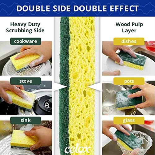 CELOX 6 Pack Dish Sponge for Kitchen, Dual Sided Scrub Heavy Duty, Non Scratch Sponges Perfect for Dishwashing and Household Cleaning, Highly Absorbent and Easy to Dry for Reuse - Image 3