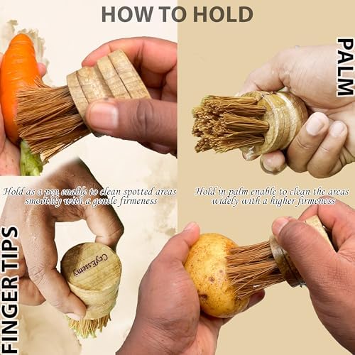 2 Pack Vegetable Brush Dish Scrubber Wooden Dish Brush for Kitchen Natural Coconut Fiber Bristles Champak Wooden Handle Brush for Sink, Dishes, Pans Fruits and Vegetables Cleaning Brush - Image 4