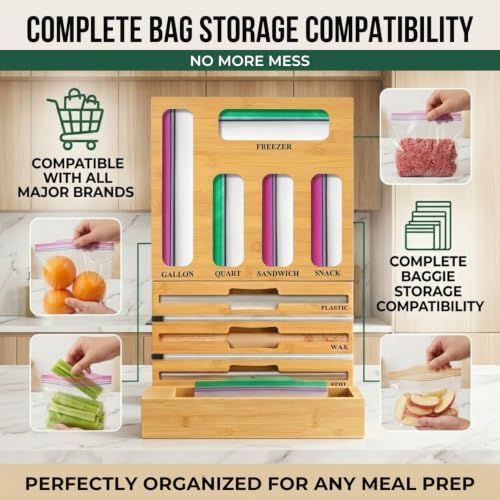 9 in 1 Bamboo Storage Bag Organizer for Kitchen Drawer, Bamboo Kitchen Drawer Organizer with Cutter, Foil and Plastic Wrap Dispenser, Ideal Storage for Gallon, Quart, Sandwich and Snack Bags - Image 6