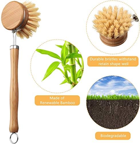 Set of 4 dish Brushes Wooden Kitchen Brushes with Handle Wood - Wooden Pan & Pot Cleaning Brush with Replaceable Head - Image 5